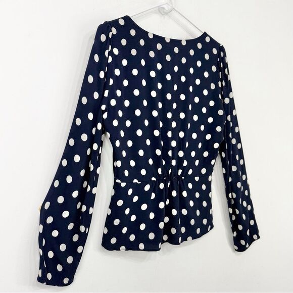 J. Crew Navy Blue White Polka Dot Crepe V Neck Button Front Peplum Blouse - Picture 15 of 16